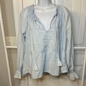 American Eagle NWT Size Medium Light Blue Chambray Blouse‎ with Tassels
